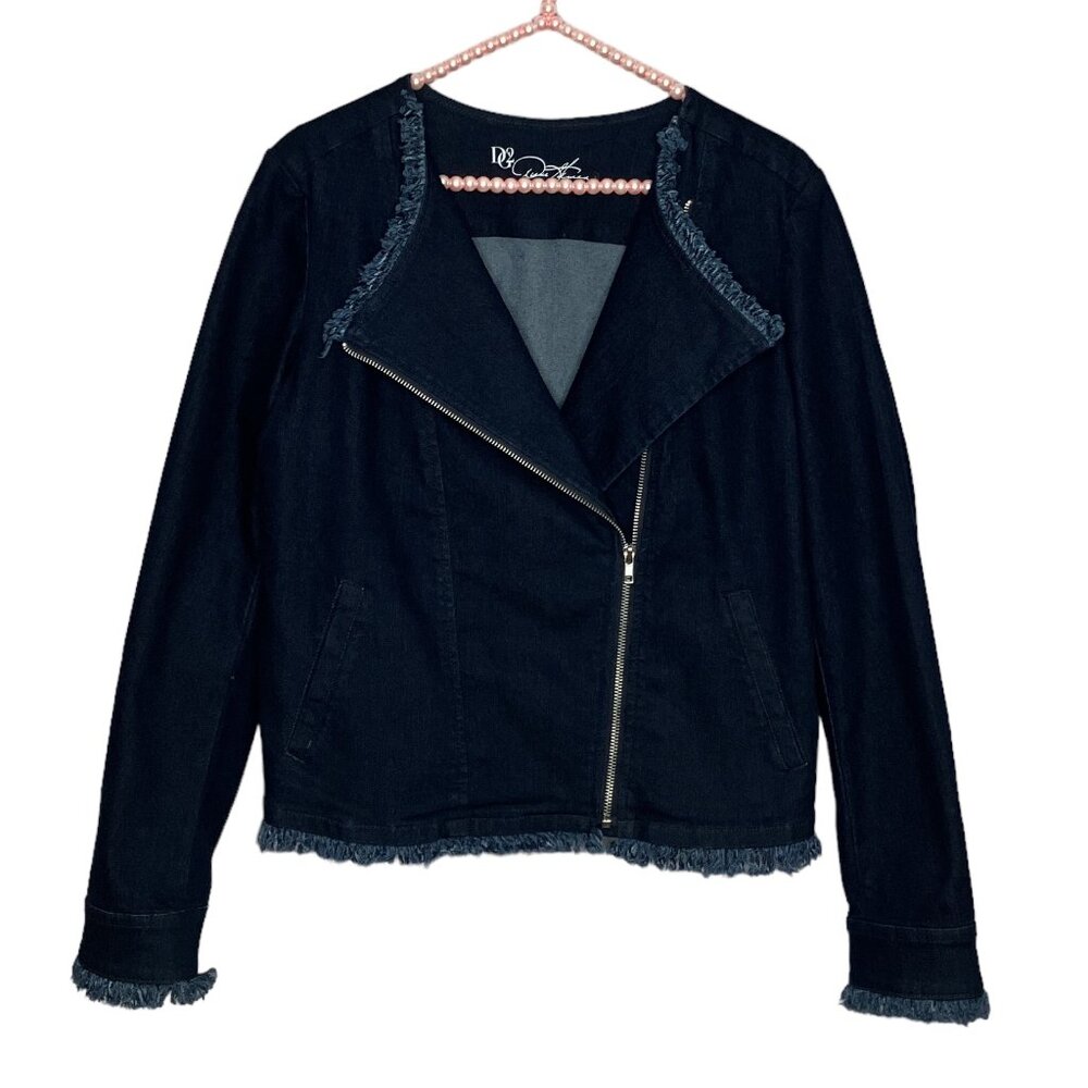 DG2 by Diane Gilman Small S‎ Dark Wash Denim Stretch Fray Moto Zip Jean Jacket